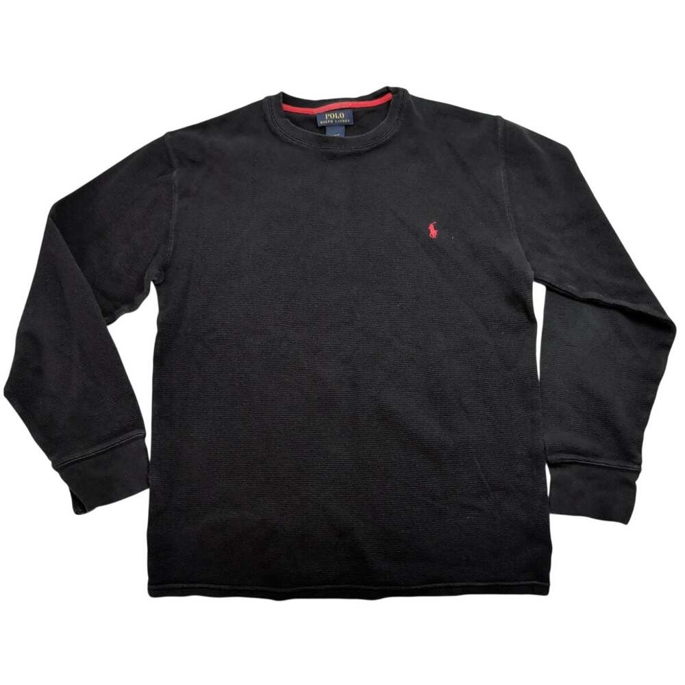 Polo Ralph Lauren Sweater Men's L Black Red Thermal Waffle Knit Crewneck Pony